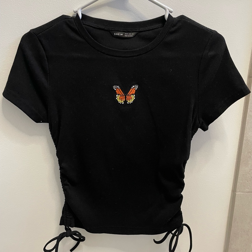 SHEIN Black Butterfly Embroidered Women's Top